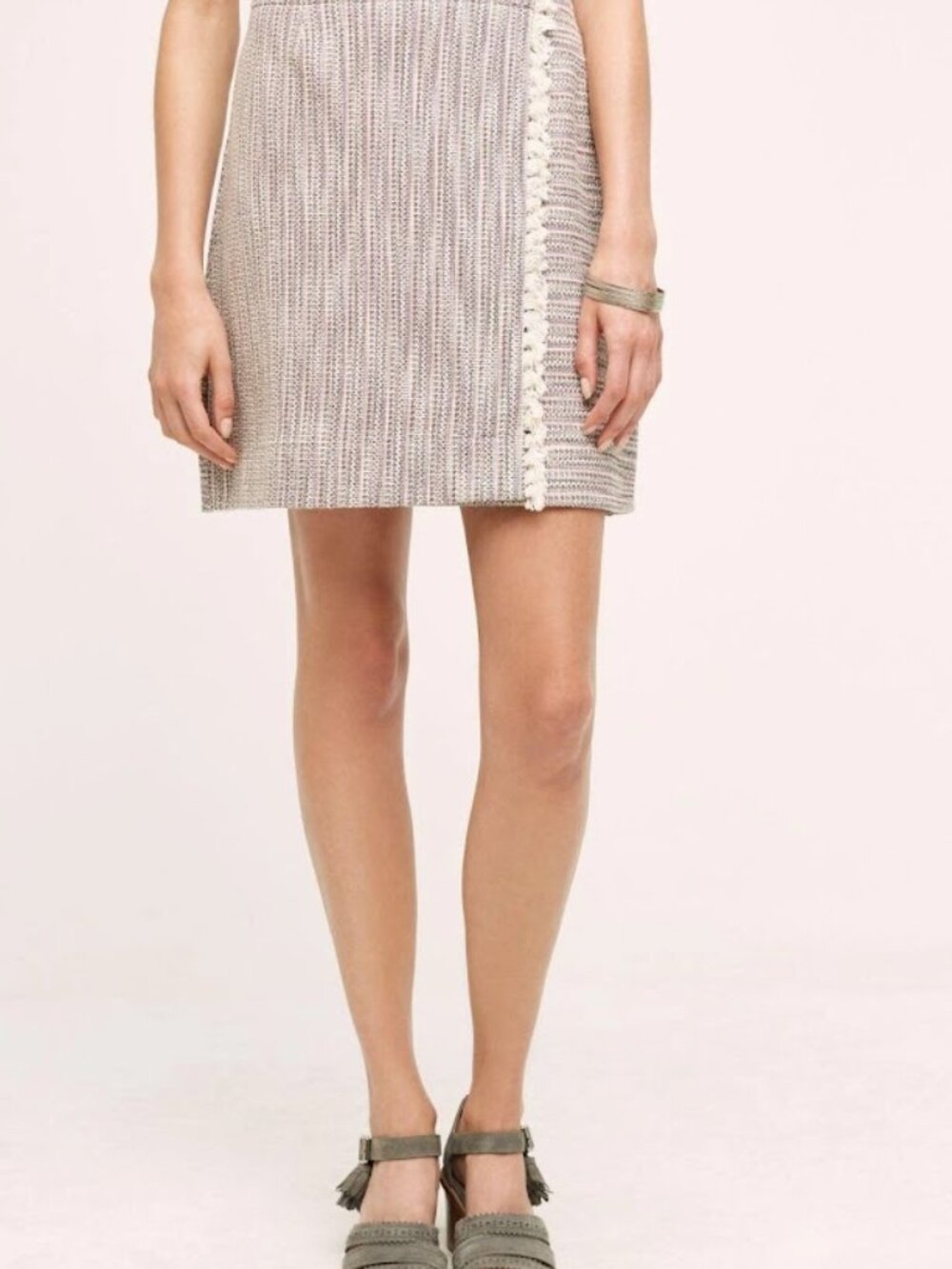 NWT Anthropologie Maeve Fringe Faux Wrap Knit Mini Skirt 4 Tweed